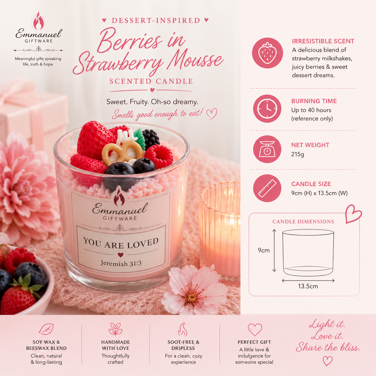 Dessert-Inspired, Berries in Strawberry Mousse, Scented Candle