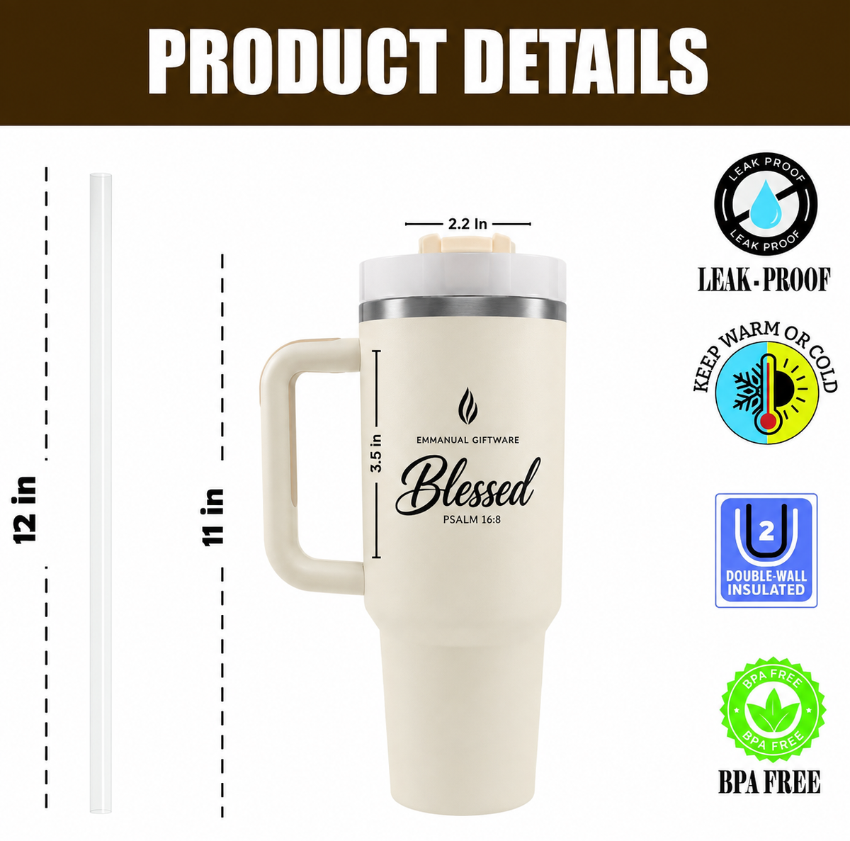 Emmanuel Signature 1.2L Insulated Stainless Steel Tumbler - Blessed